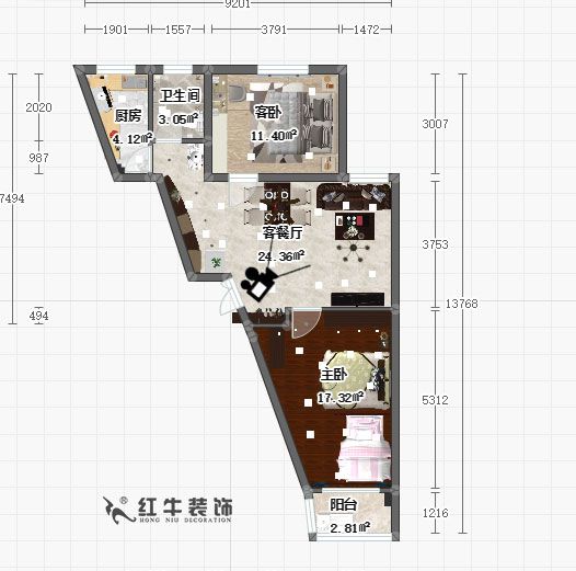 房亮_致和新村2-4-307-80㎡-美式风格_彩平面